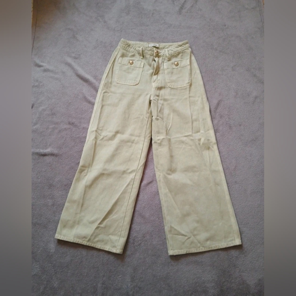 Beige Wide-Leg Pants with Pockets